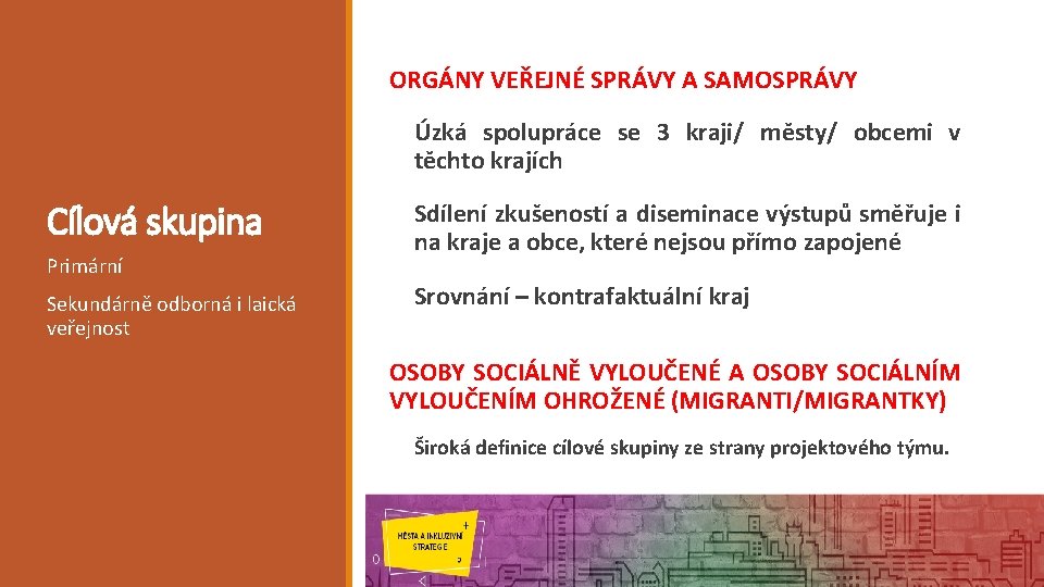 ORGÁNY VEŘEJNÉ SPRÁVY A SAMOSPRÁVY Úzká spolupráce se 3 kraji/ městy/ obcemi v těchto