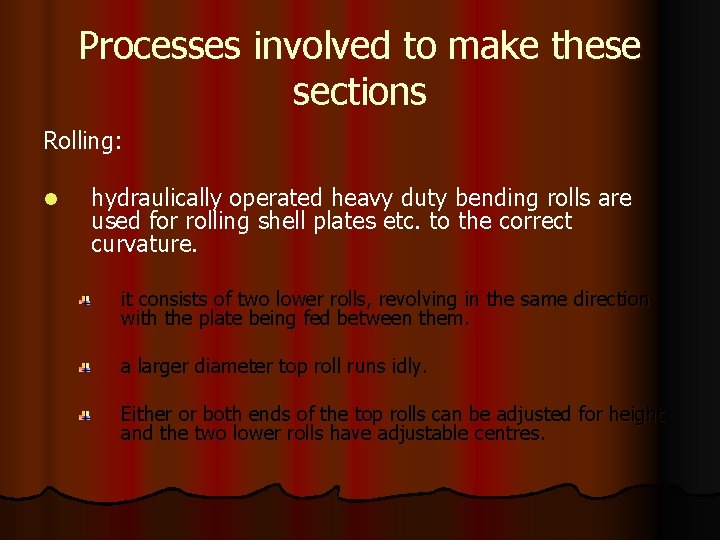 Processes involved to make these sections Rolling: l hydraulically operated heavy duty bending rolls