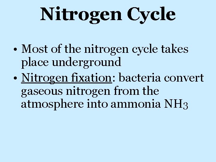 Nitrogen Cycle • Most of the nitrogen cycle takes place underground • Nitrogen fixation: