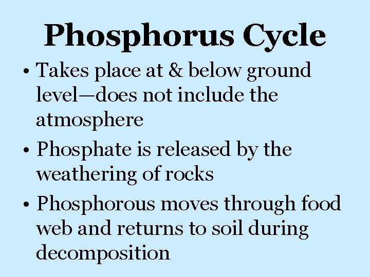 Phosphorus Cycle • Takes place at & below ground level—does not include the atmosphere