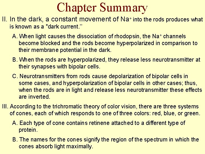 Chapter Summary II. In the dark, a constant movement of Na+ into the rods