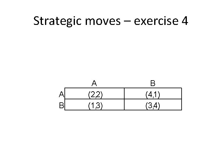 Strategic moves – exercise 4 A B A (2, 2) (1, 3) B (4,