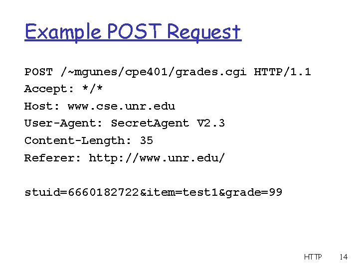 Example POST Request POST /~mgunes/cpe 401/grades. cgi HTTP/1. 1 Accept: */* Host: www. cse.