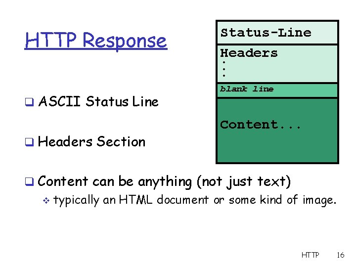 HTTP Response q ASCII Status Line q Headers Section Status-Line Headers. . . blank