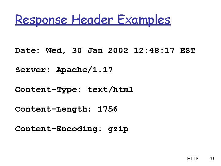 Response Header Examples Date: Wed, 30 Jan 2002 12: 48: 17 EST Server: Apache/1.