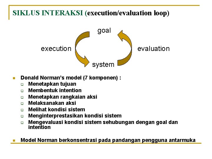 SIKLUS INTERAKSI (execution/evaluation loop) goal execution evaluation system n Donald Norman’s model (7 komponen)