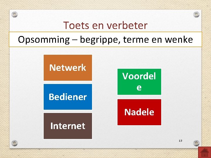 Toets en verbeter Opsomming – begrippe, terme en wenke Netwerk Bediener Voordel e Nadele