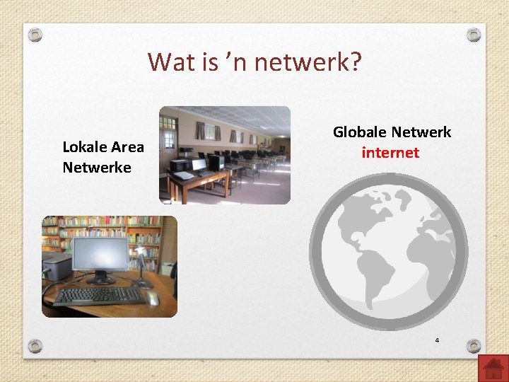 Wat is ’n netwerk? Lokale Area Netwerke Globale Netwerk internet 4 
