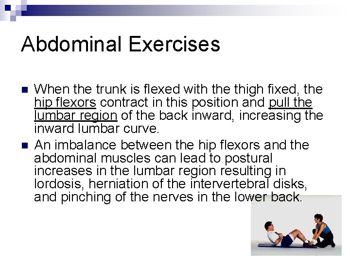 Abdominal Exercises n n When the trunk is flexed with the thigh fixed, the