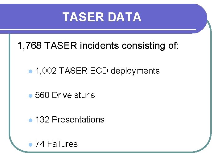 TASER DATA 1, 768 TASER incidents consisting of: l 1, 002 TASER ECD deployments