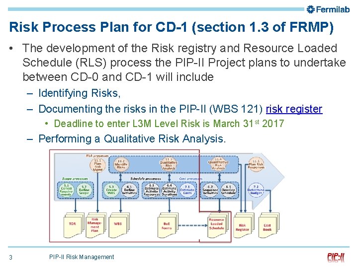 Risk Process Plan for CD-1 (section 1. 3 of FRMP) • The development of