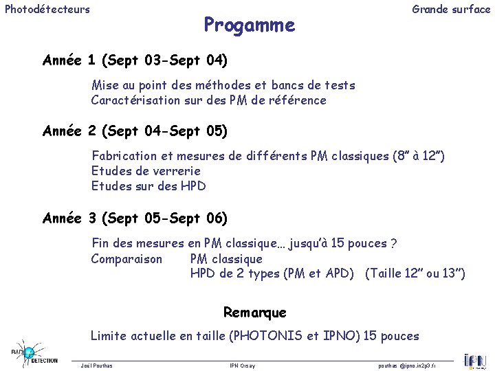 Photodétecteurs Progamme Grande surface Année 1 (Sept 03 -Sept 04) Mise au point des