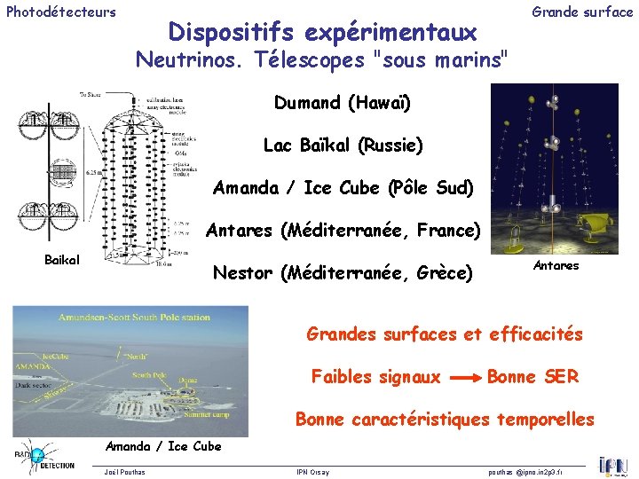 Photodétecteurs Dispositifs expérimentaux Grande surface Neutrinos. Télescopes "sous marins" Dumand (Hawaï) Lac Baïkal (Russie)