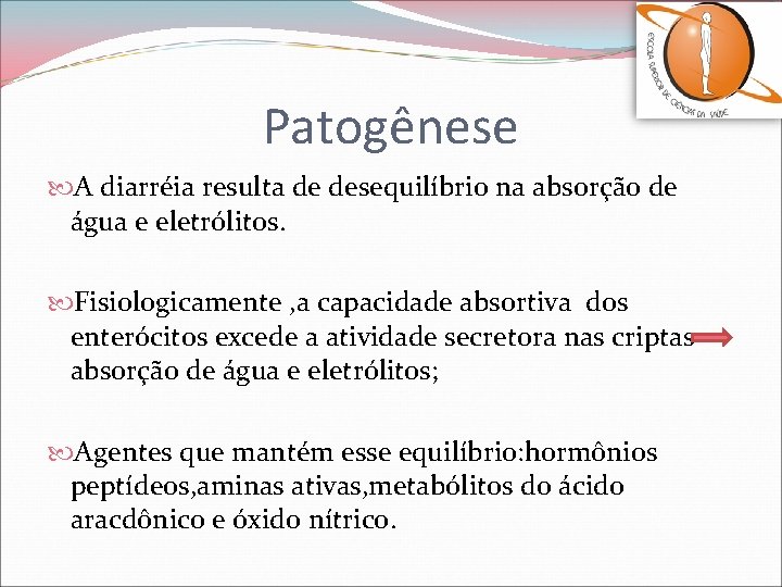 Patogênese A diarréia resulta de desequilíbrio na absorção de água e eletrólitos. Fisiologicamente ,