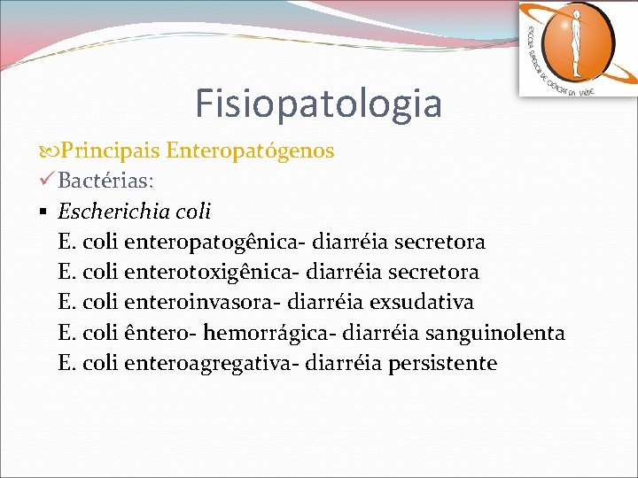 Fisiopatologia Principais Enteropatógenos ü Bactérias: § Escherichia coli E. coli enteropatogênica- diarréia secretora E.