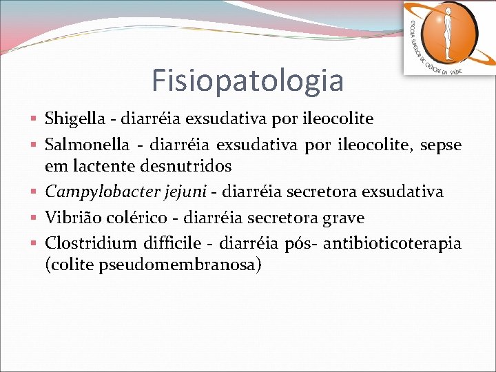 Fisiopatologia § Shigella - diarréia exsudativa por ileocolite § Salmonella - diarréia exsudativa por