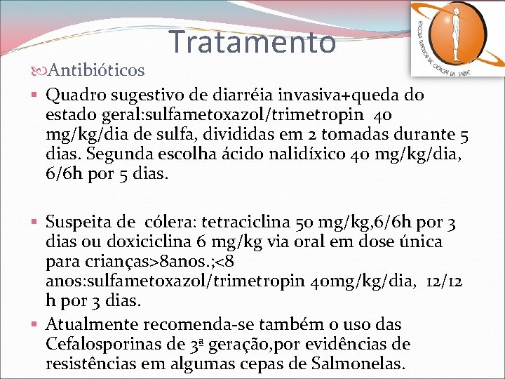 Tratamento Antibióticos § Quadro sugestivo de diarréia invasiva+queda do estado geral: sulfametoxazol/trimetropin 40 mg/kg/dia
