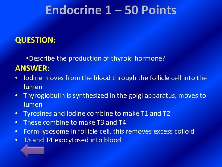Endocrine 1 – 50 Points QUESTION: • Describe the production of thyroid hormone? ANSWER: