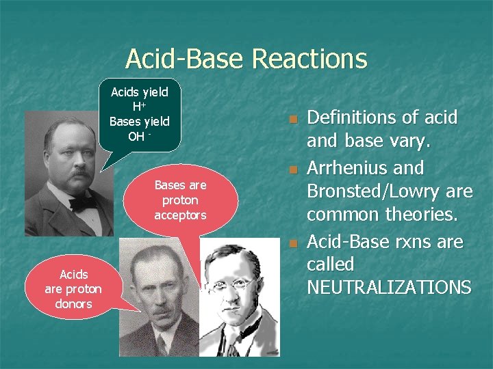 Acid-Base Reactions Acids yield H+ Bases yield OH - Bases are proton acceptors n