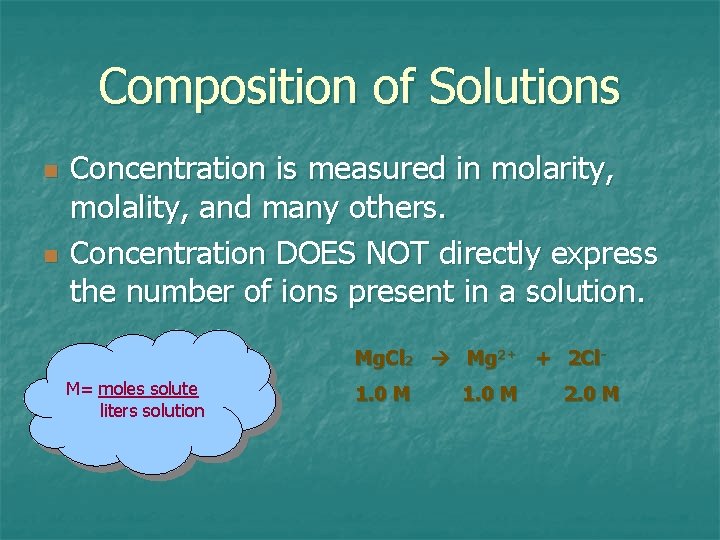 Composition of Solutions n n Concentration is measured in molarity, molality, and many others.