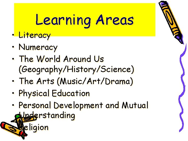  • • Learning Areas Literacy Numeracy The World Around Us (Geography/History/Science) The Arts