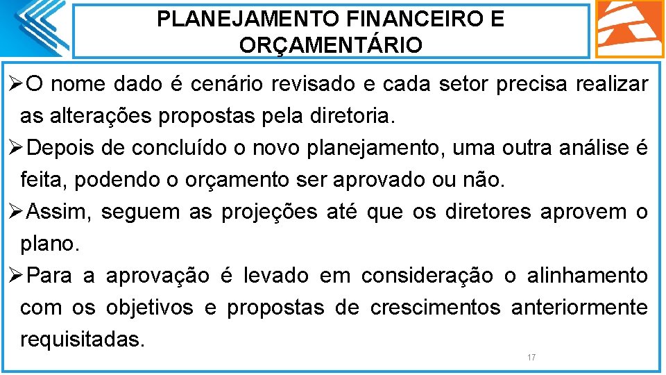 PLANEJAMENTO FINANCEIRO E ORÇAMENTÁRIO ØO nome dado é cenário revisado e cada setor precisa