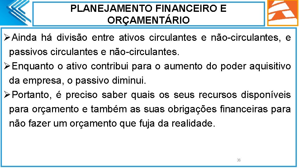 PLANEJAMENTO FINANCEIRO E ORÇAMENTÁRIO ØAinda há divisão entre ativos circulantes e não-circulantes, e passivos