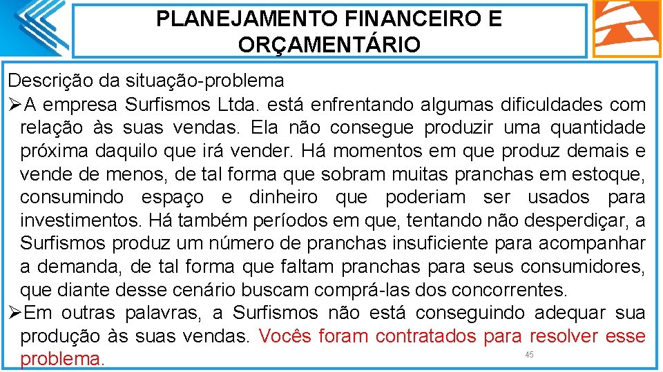 PLANEJAMENTO FINANCEIRO E ORÇAMENTÁRIO Descrição da situação-problema ØA empresa Surfismos Ltda. está enfrentando algumas