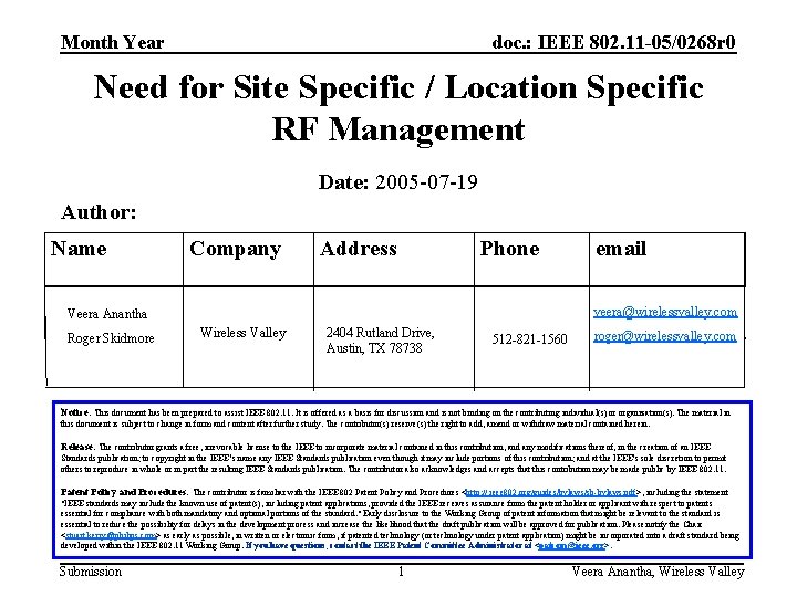 doc. : IEEE 802. 11 -05/0268 r 0 Month Year Need for Site Specific