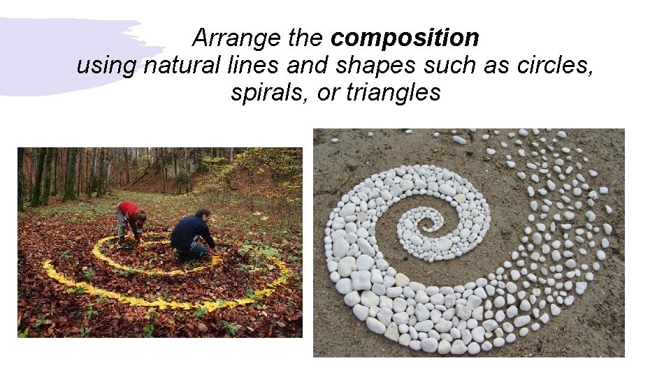 Arrange the composition using natural lines and shapes such as circles, spirals, or triangles