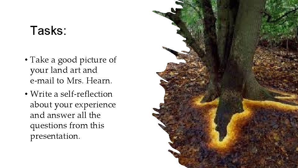 Tasks: • Take a good picture of your land art and e-mail to Mrs.