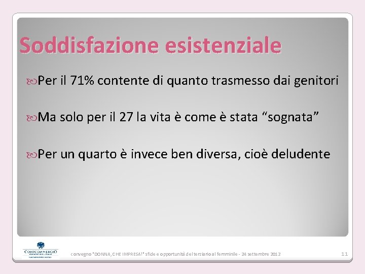 Soddisfazione esistenziale Per il 71% contente di quanto trasmesso dai genitori Ma solo per