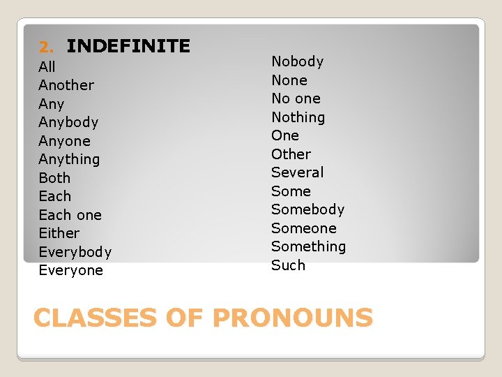 2. INDEFINITE All Another Anybody Anyone Anything Both Each one Either Everybody Everyone Nobody