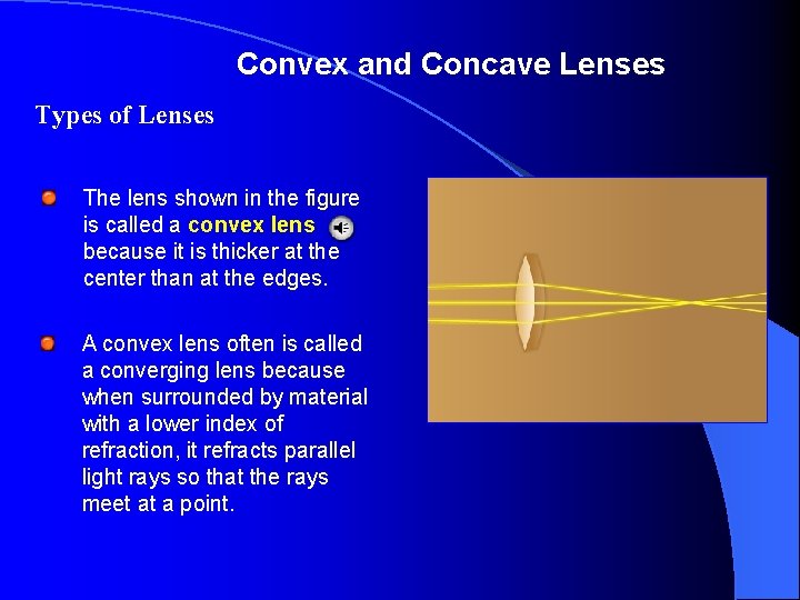 Convex and Concave Lenses Types of Lenses The lens shown in the figure is