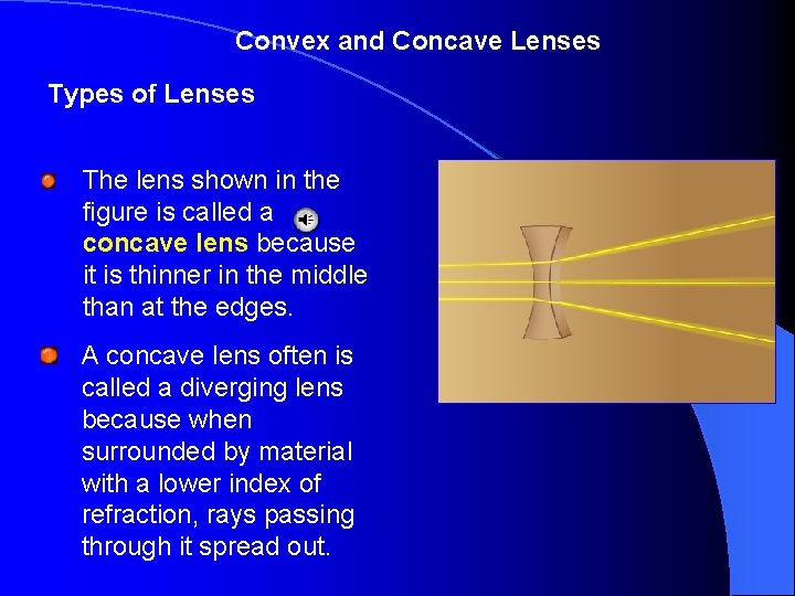 Convex and Concave Lenses Types of Lenses The lens shown in the figure is