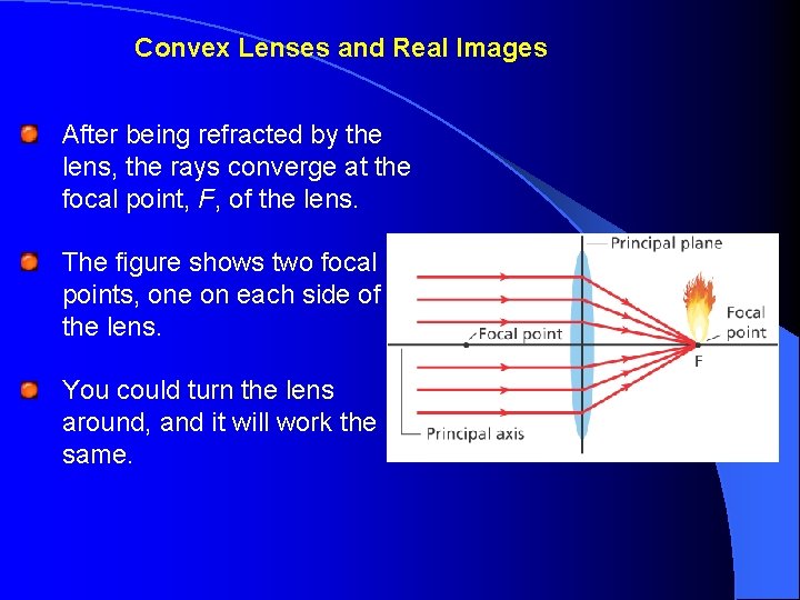 Convex Lenses and Real Images After being refracted by the lens, the rays converge