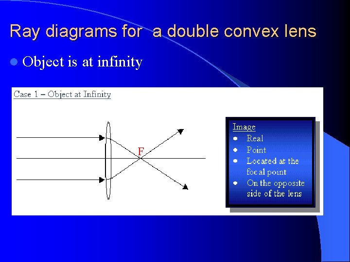 Ray diagrams for a double convex lens l Object is at infinity F 