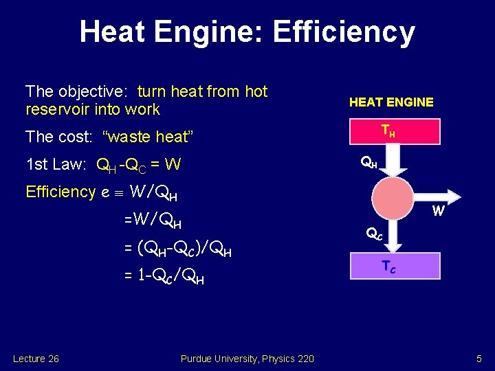 Heat Engine: Efficiency The objective: turn heat from hot reservoir into work HEAT ENGINE