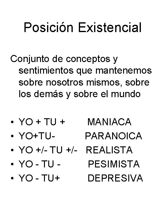 Posición Existencial Conjunto de conceptos y sentimientos que mantenemos sobre nosotros mismos, sobre los