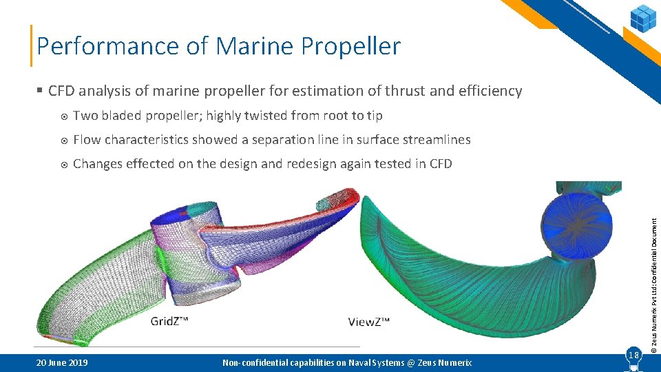 Performance of Marine Propeller Two bladed propeller; highly twisted from root to tip Flow