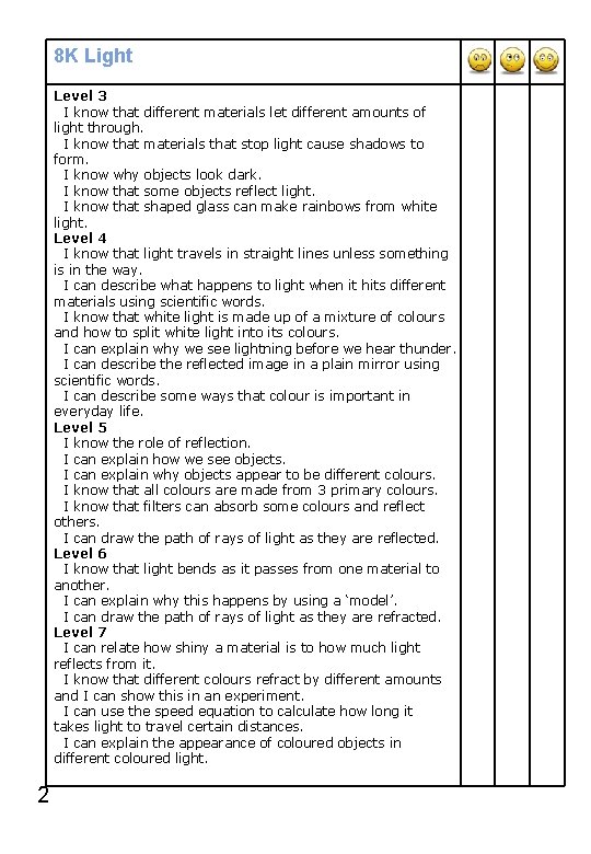 8 K Light Level 3 I know that different materials let different amounts of 8 K Light Level 3 I know that different materials let different amounts of