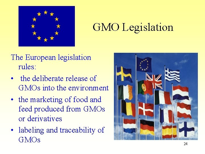 GMO Legislation The European legislation rules: • the deliberate release of GMOs into the