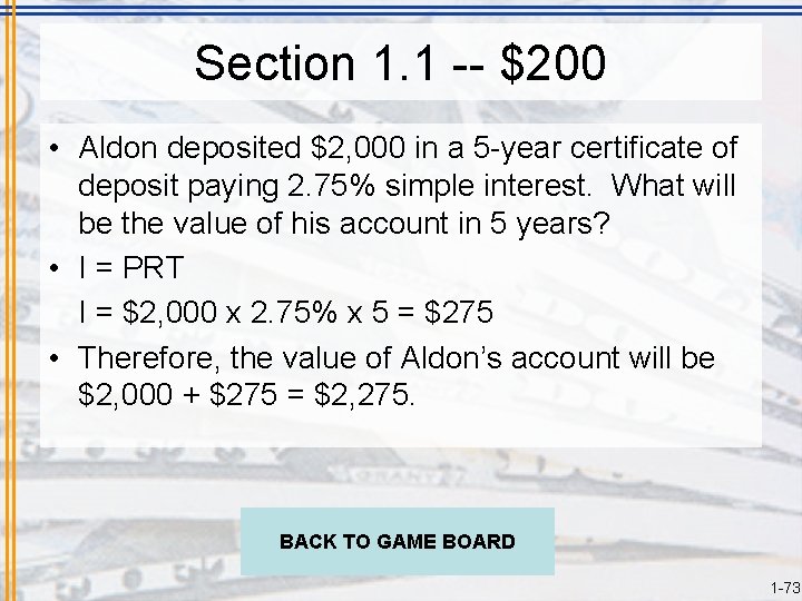 Section 1. 1 -- $200 • Aldon deposited $2, 000 in a 5 -year