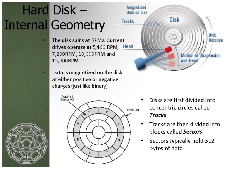 Hard Disk – Internal Geometry • The disk spins at RPMs. Current drives operate