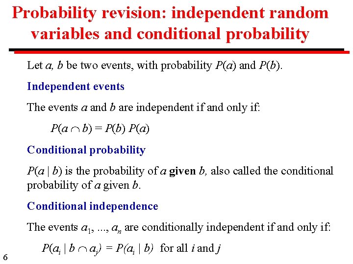 Probability revision: independent random variables and conditional probability Let a, b be two events,