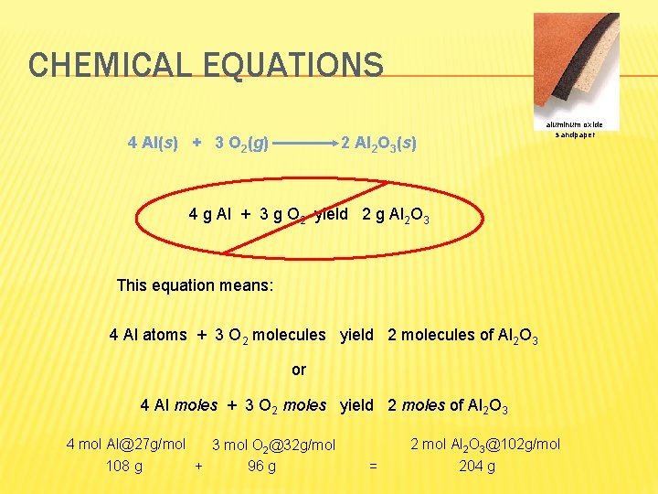 CHEMICAL EQUATIONS 4 Al(s) + 3 O 2(g) aluminum oxide sandpaper 2 Al 2