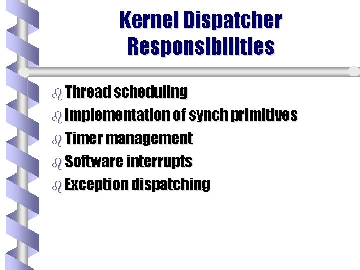 Kernel Dispatcher Responsibilities b Thread scheduling b Implementation of synch primitives b Timer management Kernel Dispatcher Responsibilities b Thread scheduling b Implementation of synch primitives b Timer management