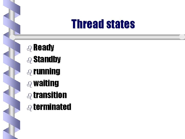 Thread states b Ready b Standby b running b waiting b transition b terminated Thread states b Ready b Standby b running b waiting b transition b terminated