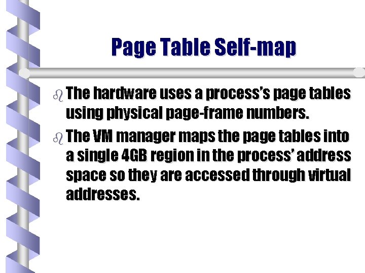 Page Table Self-map b The hardware uses a process’s page tables using physical page-frame Page Table Self-map b The hardware uses a process’s page tables using physical page-frame