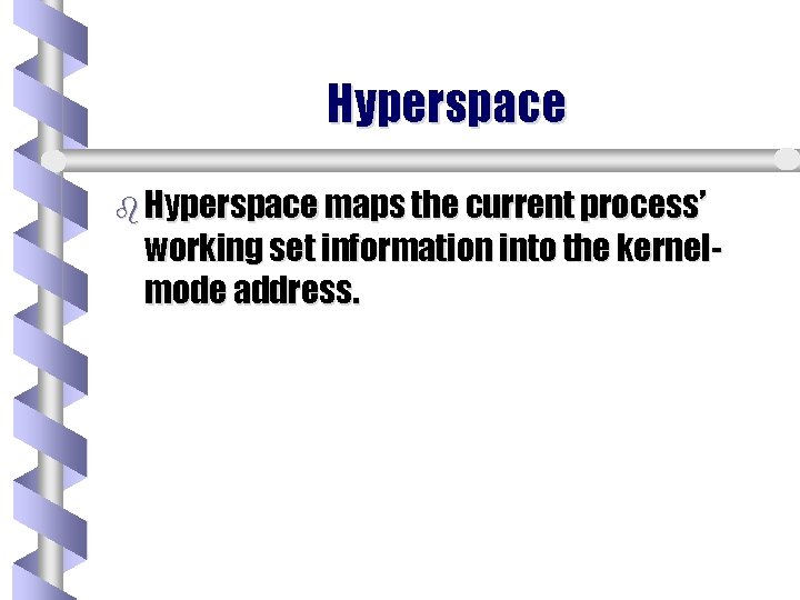 Hyperspace b Hyperspace maps the current process’ working set information into the kernelmode address. Hyperspace b Hyperspace maps the current process’ working set information into the kernelmode address.
